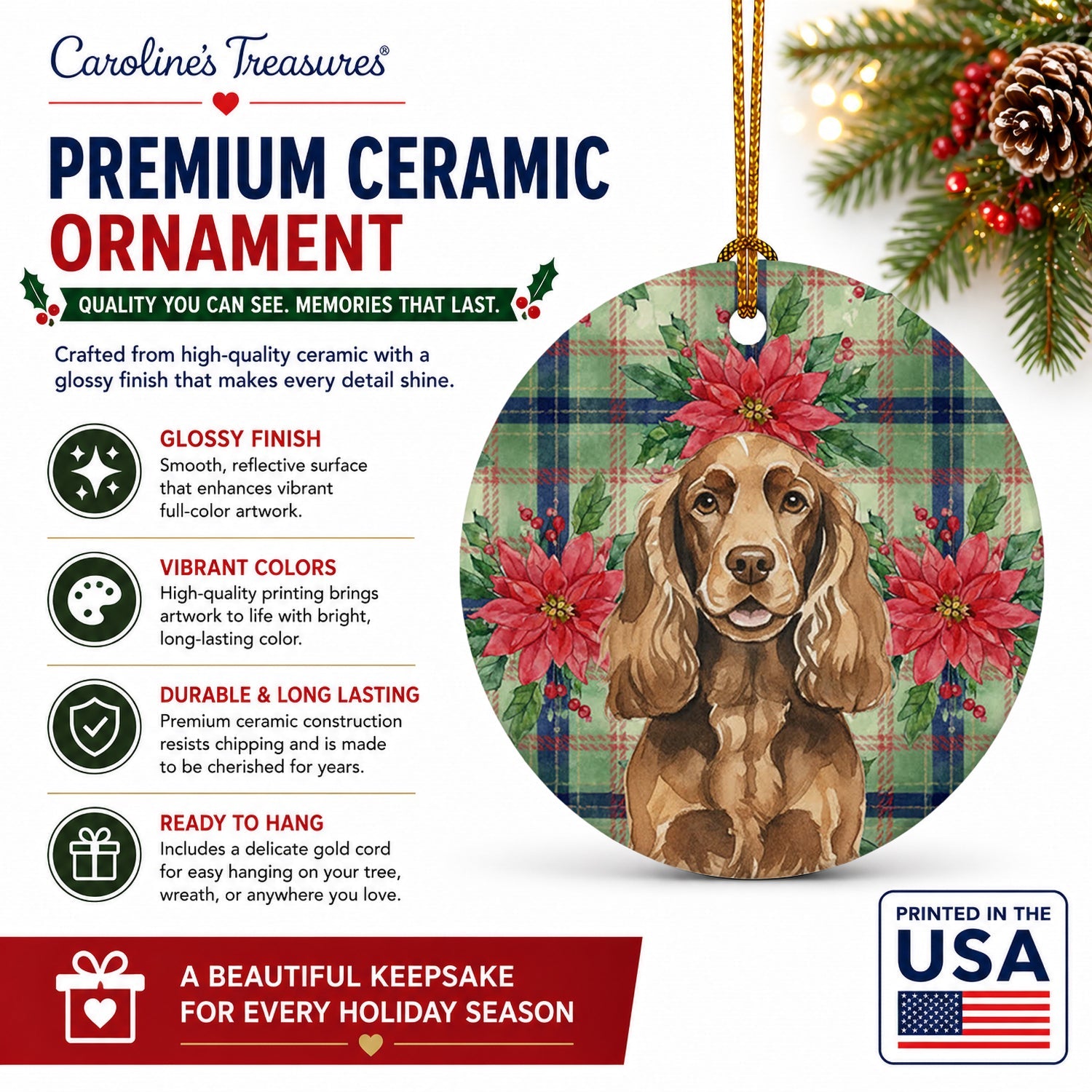 Liver English Cocker Spaniel Christmas PoinsettIas Ceramic Ornament Christmas Tree Hanging Decorations for Home Christmas Holiday, Party, Gift, 3 in, Multicolor