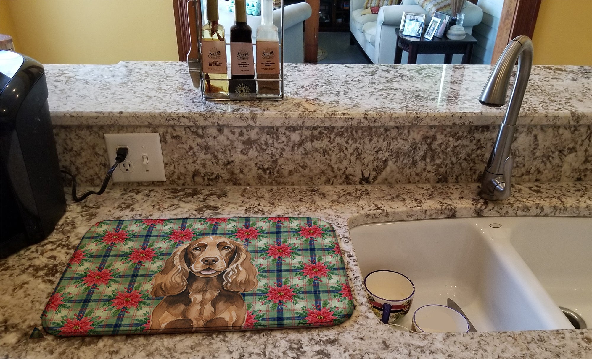 Liver English Cocker Spaniel Christmas PoinsettIas Dish Drying Mat Absorbent Dish Drying Mat Pad for Kitchen Counter Dish Drainer Mat for Countertop, 14 x 21", Multicolor