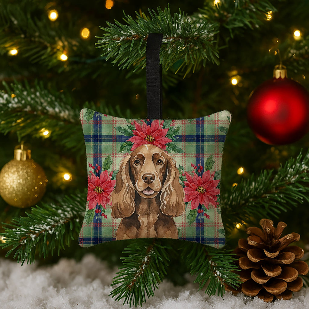 Liver English Cocker Spaniel Christmas PoinsettIas Hanging Square Fabric Ornament 3.5 � 3.5 Decorative Door-Knob & Tree Hanger, Soft Fabric