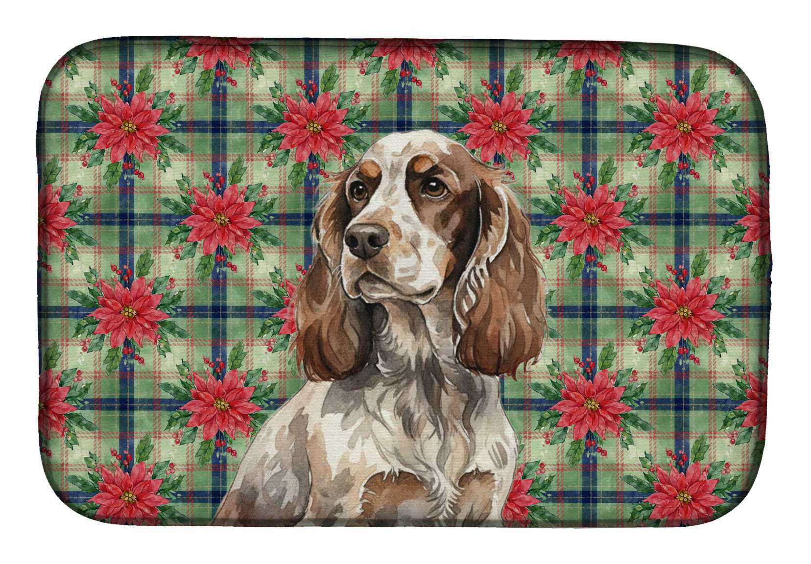 Liver Roan English Cocker Spaniel Christmas PoinsettIas Dish Drying Mat Absorbent Dish Drying Mat Pad for Kitchen Counter Dish Drainer Mat for Countertop, 14 x 21", Multicolor