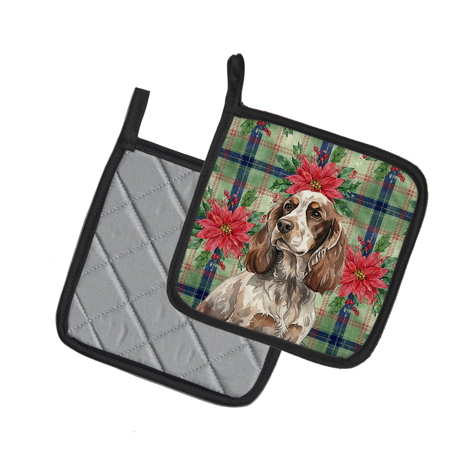 Liver Roan English Cocker Spaniel Christmas PoinsettIas Pot Holder Set of 2 Heat Resistant Quilted Hot Pads 7.5 x 7.5 Inch, Insulated Kitchen Trivets for Cooking & Baking