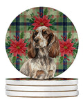 Liver Roan English Cocker Spaniel Christmas PoinsettIas Large Sandstone Coasters Pack of 4 Absorbent Round Coasters Decor Gifts for Men or Women, 4 in, Multicolor