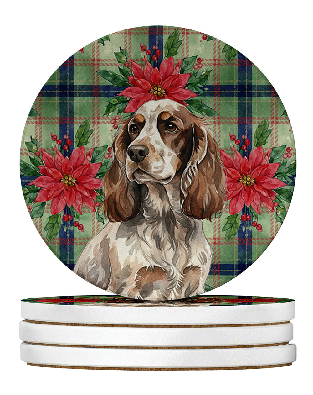 Liver Roan English Cocker Spaniel Christmas PoinsettIas Large Sandstone Coasters Pack of 4 Absorbent Round Coasters Decor Gifts for Men or Women, 4 in, Multicolor