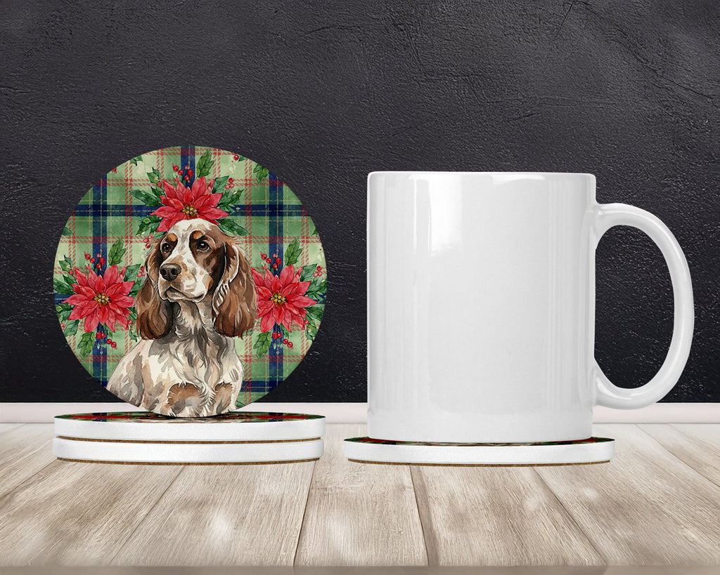 Liver Roan English Cocker Spaniel Christmas PoinsettIas Large Sandstone Coasters Pack of 4 Absorbent Round Coasters Decor Gifts for Men or Women, 4 in, Multicolor