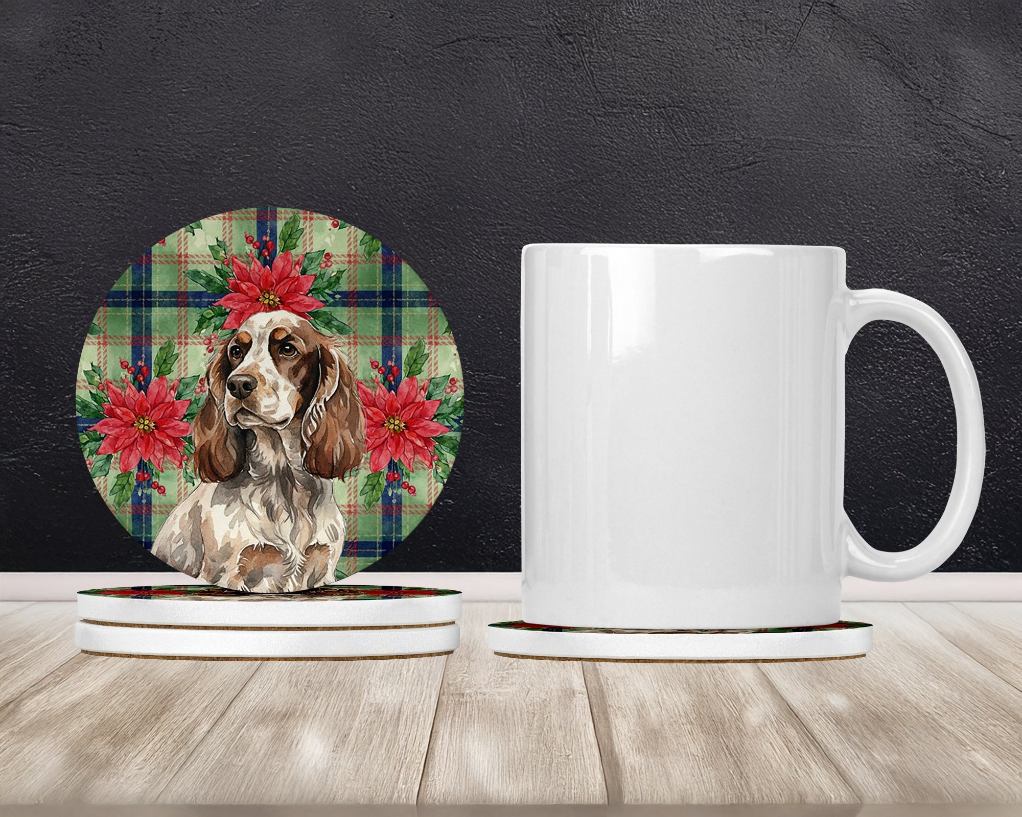 Liver Roan English Cocker Spaniel Christmas PoinsettIas Large Sandstone Coasters Pack of 4 Absorbent Round Coasters Decor Gifts for Men or Women, 4 in, Multicolor