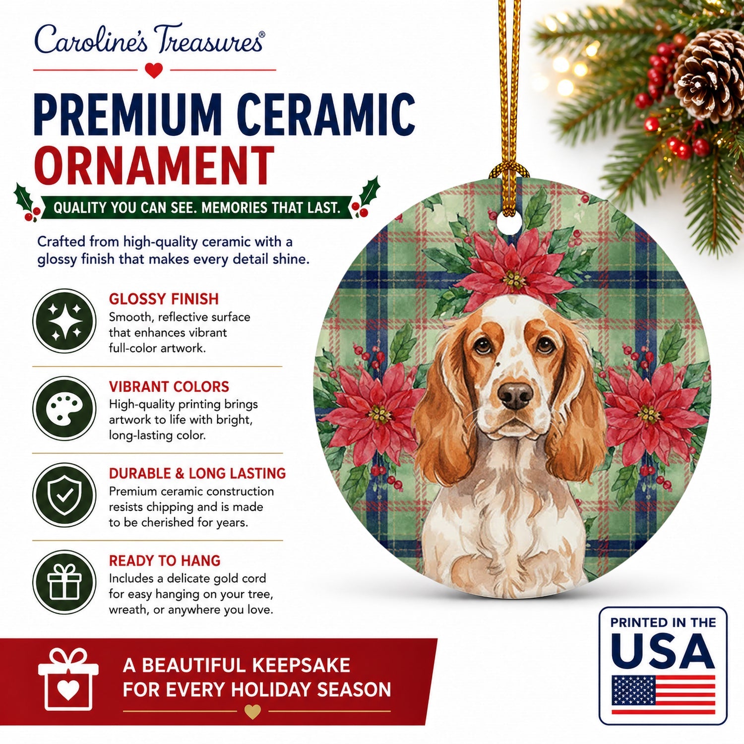 Orange Roan English Cocker Spaniel Christmas PoinsettIas Ceramic Ornament Christmas Tree Hanging Decorations for Home Christmas Holiday, Party, Gift, 3 in, Multicolor