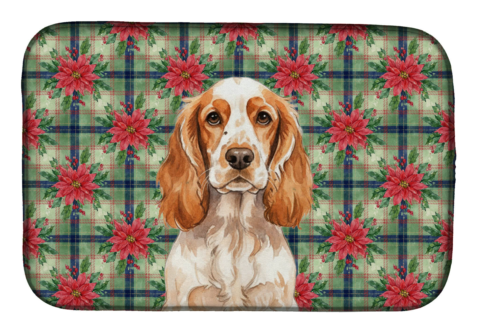 Orange Roan English Cocker Spaniel Christmas PoinsettIas Dish Drying Mat Absorbent Dish Drying Mat Pad for Kitchen Counter Dish Drainer Mat for Countertop, 14 x 21", Multicolor