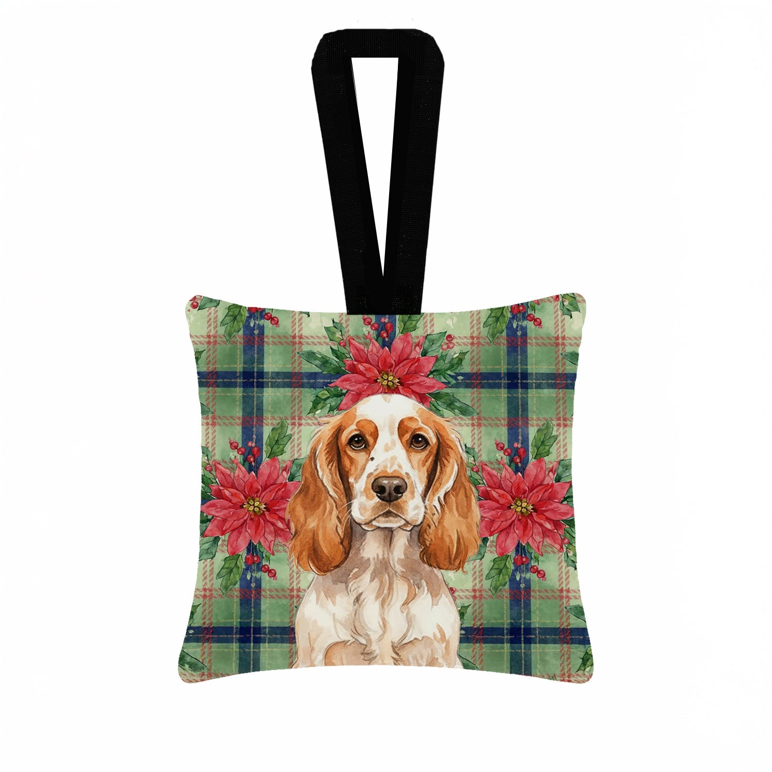 Orange Roan English Cocker Spaniel Christmas PoinsettIas Hanging Square Fabric Ornament 3.5 � 3.5 Decorative Door-Knob & Tree Hanger, Soft Fabric