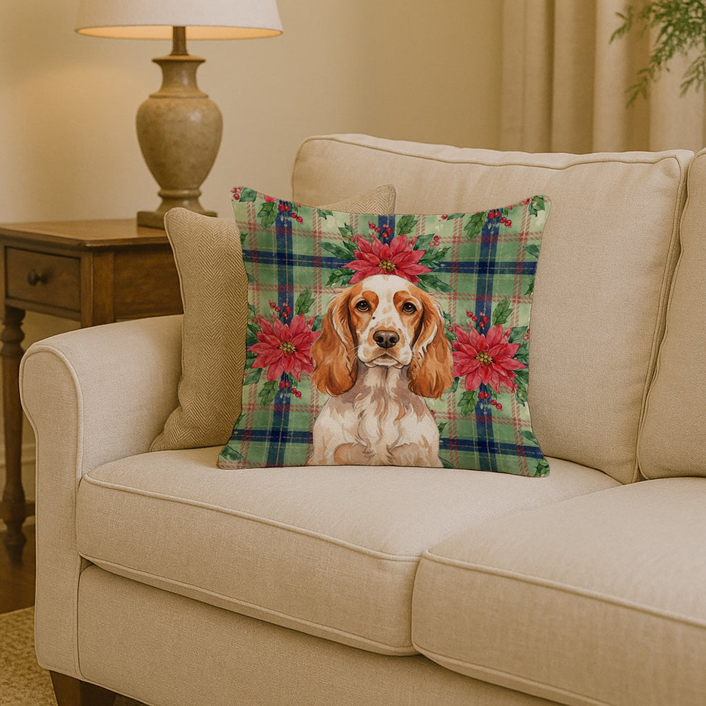 Orange Roan English Cocker Spaniel Christmas PoinsettIas Decorative Throw Pillow 14x14 Indoor Outdoor Accent Cushion, Fabric Cover with Insert for Sofa, Bed, Porch & Living Room
