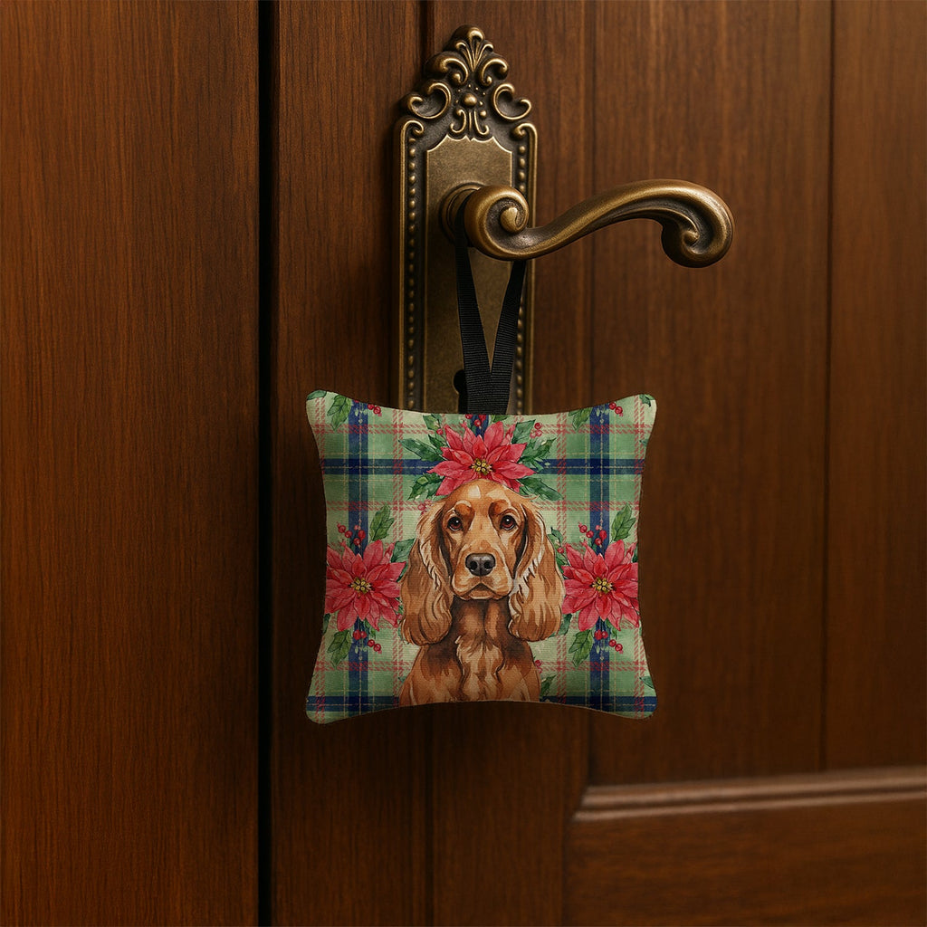 Red English Cocker Spaniel Christmas PoinsettIas Hanging Square Fabric Ornament 3.5 � 3.5 Decorative Door-Knob & Tree Hanger, Soft Fabric