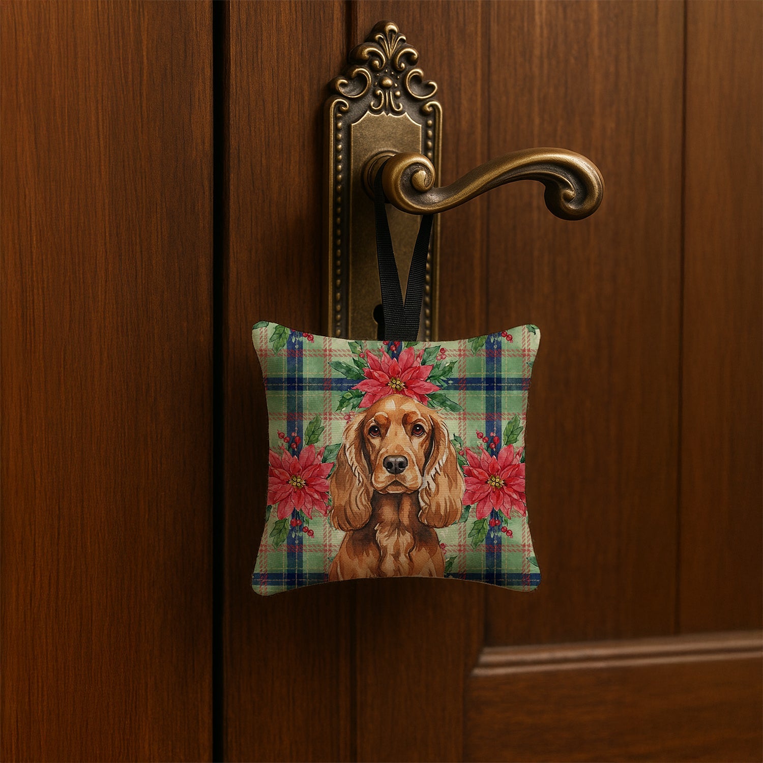 Red English Cocker Spaniel Christmas PoinsettIas Hanging Square Fabric Ornament 3.5 � 3.5 Decorative Door-Knob & Tree Hanger, Soft Fabric