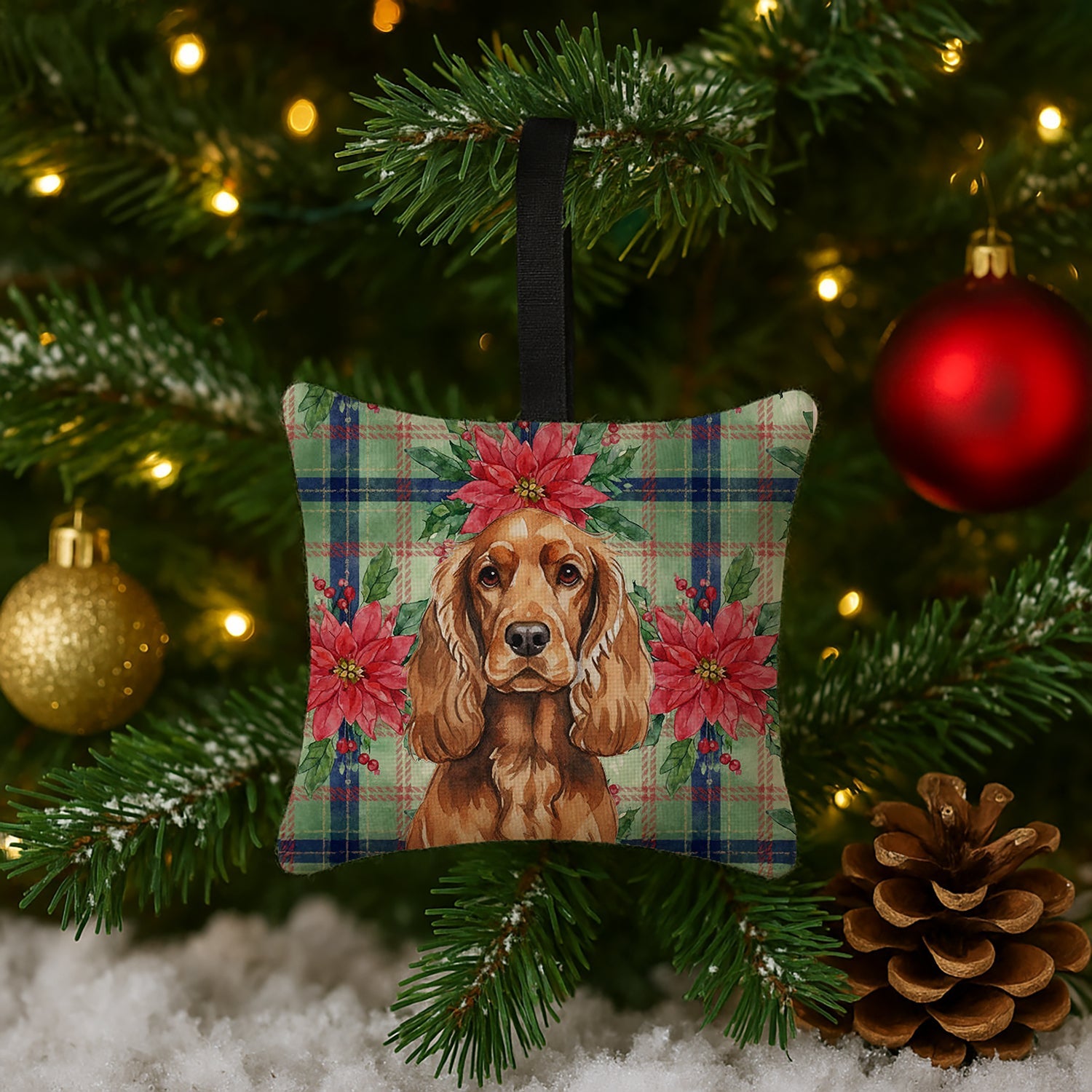 Red English Cocker Spaniel Christmas PoinsettIas Hanging Square Fabric Ornament 3.5 � 3.5 Decorative Door-Knob & Tree Hanger, Soft Fabric