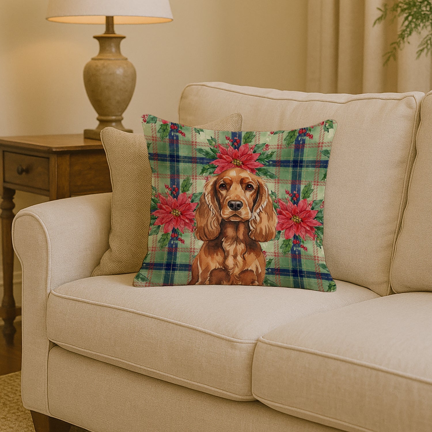 Red English Cocker Spaniel Christmas PoinsettIas Decorative Throw Pillow 14x14 Indoor Outdoor Accent Cushion, Fabric Cover with Insert for Sofa, Bed, Porch & Living Room