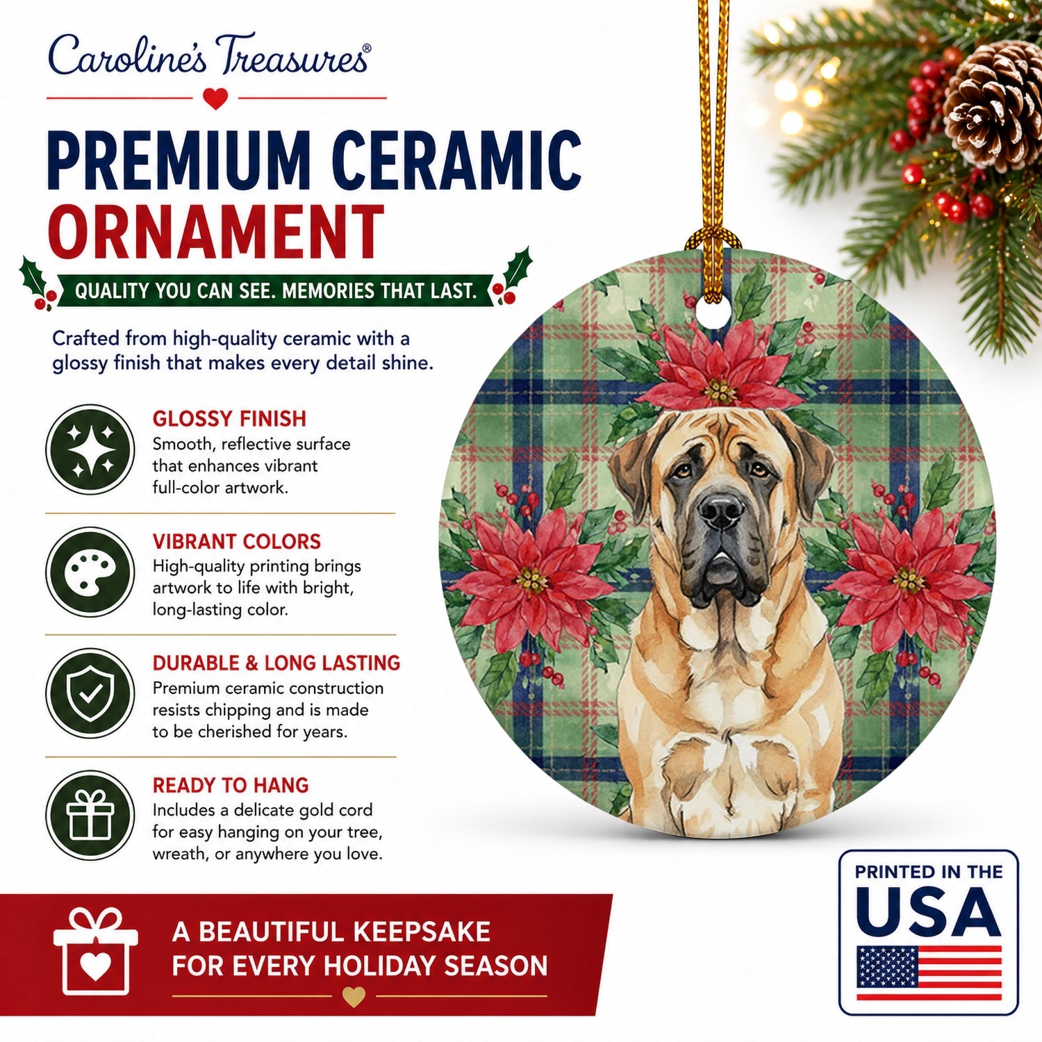 Apricot English Mastiff Christmas PoinsettIas Ceramic Ornament Christmas Tree Hanging Decorations for Home Christmas Holiday, Party, Gift, 3 in, Multicolor
