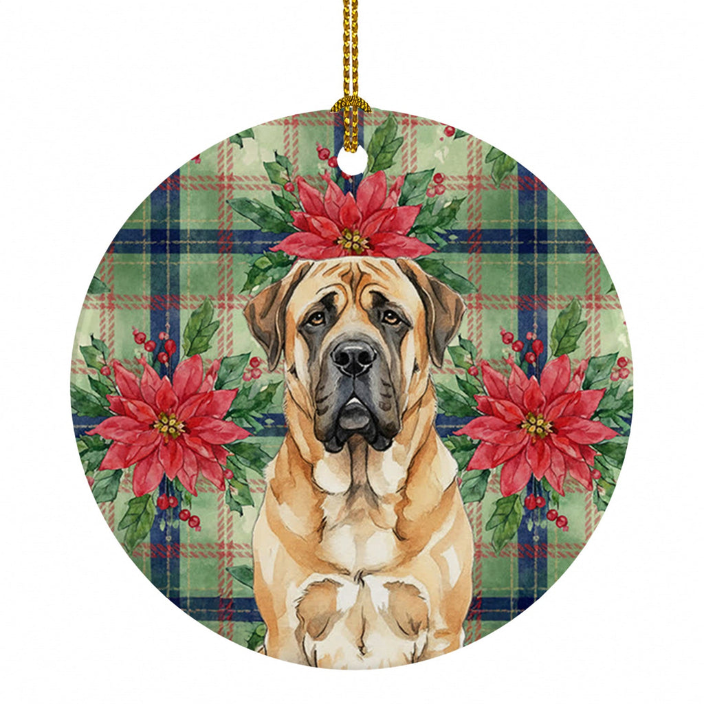 Apricot English Mastiff Christmas PoinsettIas Ceramic Ornament Christmas Tree Hanging Decorations for Home Christmas Holiday, Party, Gift, 3 in, Multicolor