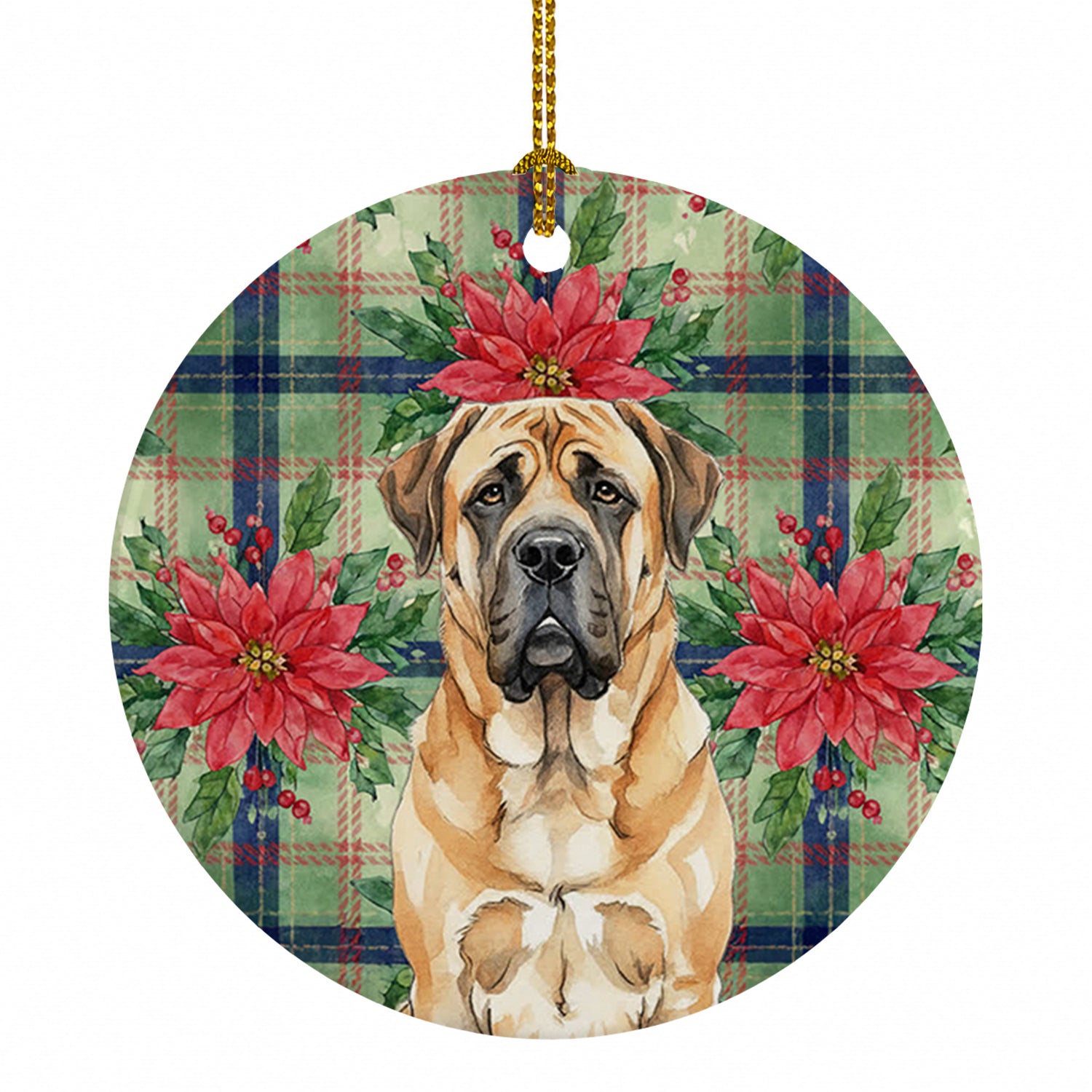 Apricot English Mastiff Christmas PoinsettIas Ceramic Ornament Christmas Tree Hanging Decorations for Home Christmas Holiday, Party, Gift, 3 in, Multicolor