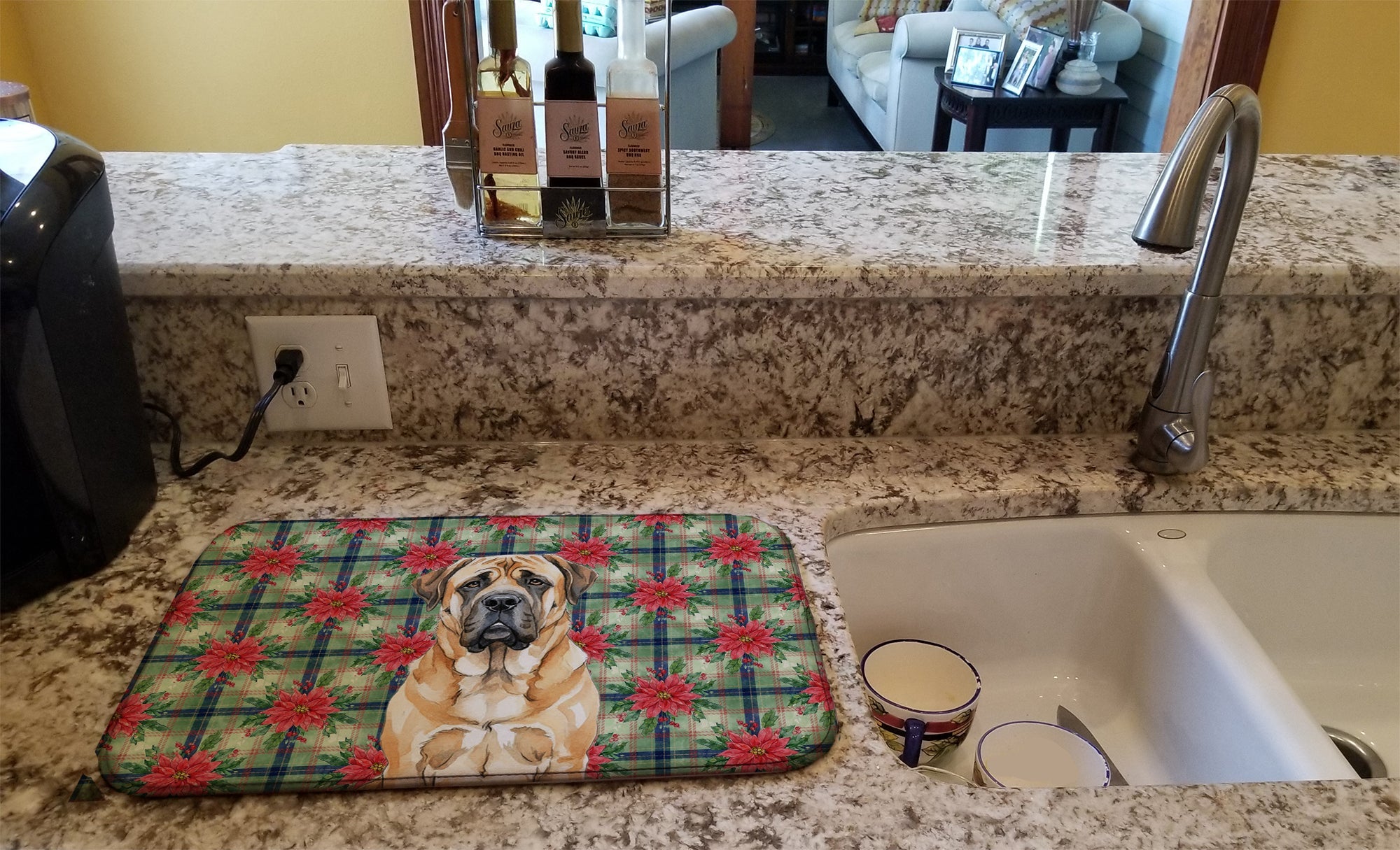 Apricot English Mastiff Christmas PoinsettIas Dish Drying Mat Absorbent Dish Drying Mat Pad for Kitchen Counter Dish Drainer Mat for Countertop, 14 x 21", Multicolor