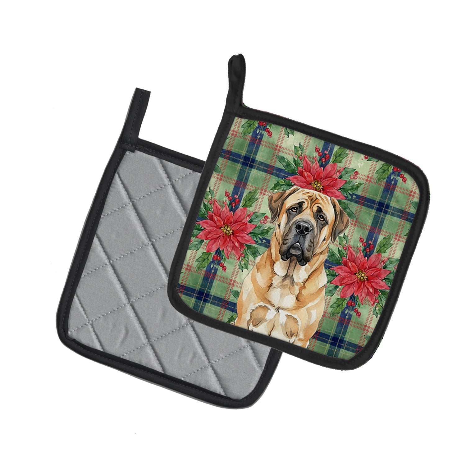 Apricot English Mastiff Christmas PoinsettIas Pot Holder Set of 2 Heat Resistant Quilted Hot Pads 7.5 x 7.5 Inch, Insulated Kitchen Trivets for Cooking & Baking