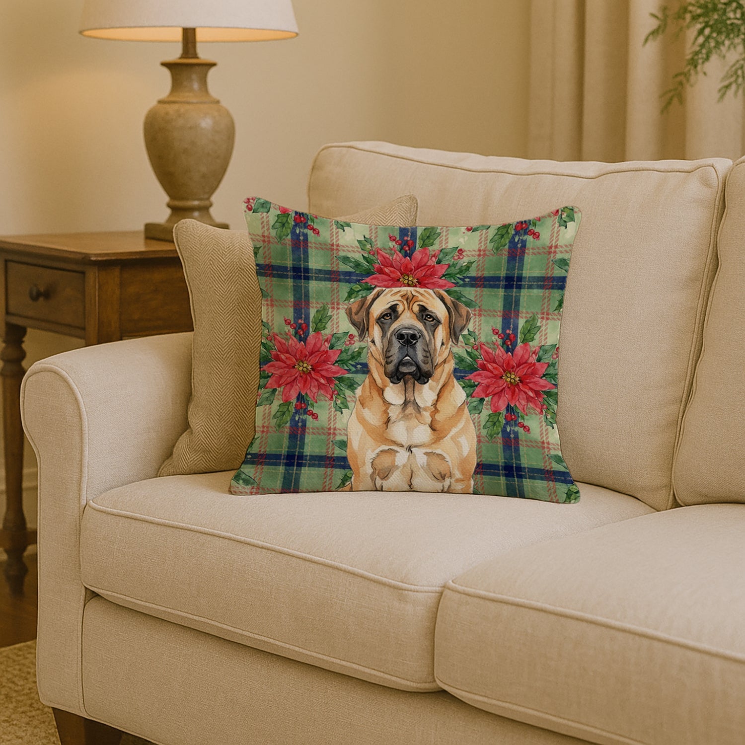 Apricot English Mastiff Christmas PoinsettIas Decorative Throw Pillow 14x14 Indoor Outdoor Accent Cushion, Fabric Cover with Insert for Sofa, Bed, Porch & Living Room