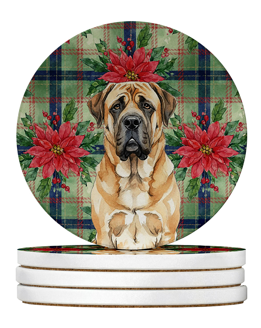 Apricot English Mastiff Christmas PoinsettIas Large Sandstone Coasters Pack of 4 Absorbent Round Coasters Decor Gifts for Men or Women, 4 in, Multicolor