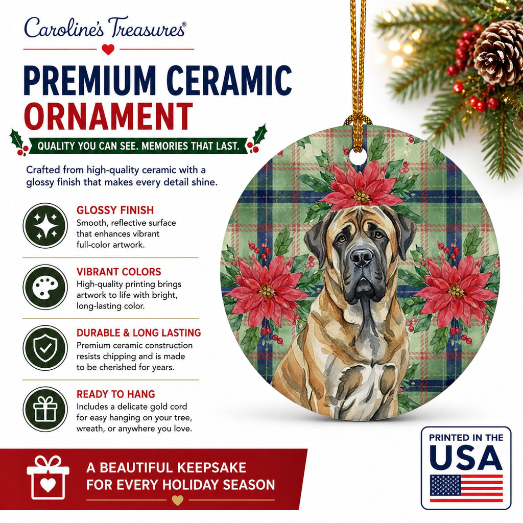 Brindle English Mastiff Christmas PoinsettIas Ceramic Ornament Christmas Tree Hanging Decorations for Home Christmas Holiday, Party, Gift, 3 in, Multicolor