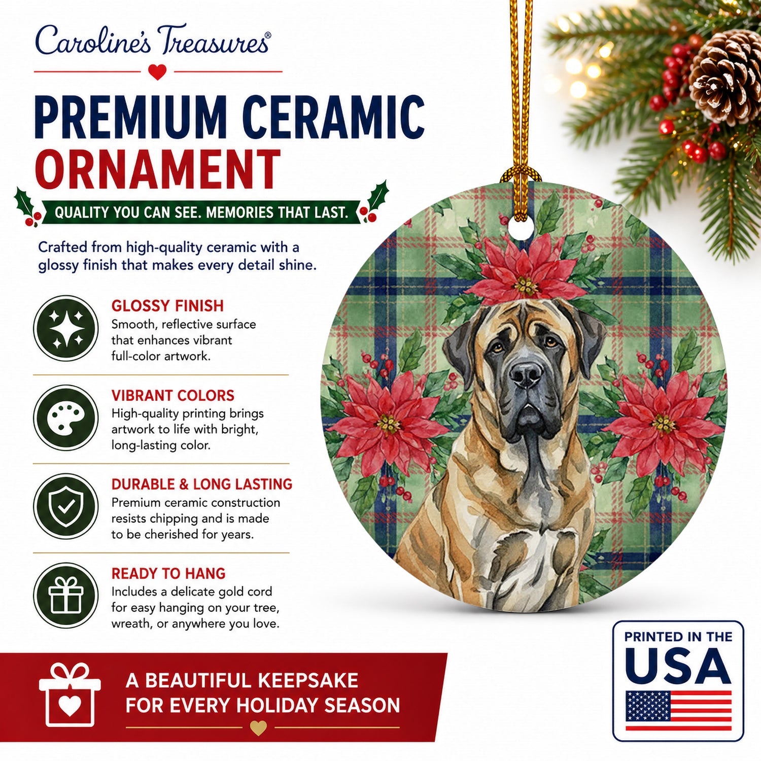 Brindle English Mastiff Christmas PoinsettIas Ceramic Ornament Christmas Tree Hanging Decorations for Home Christmas Holiday, Party, Gift, 3 in, Multicolor