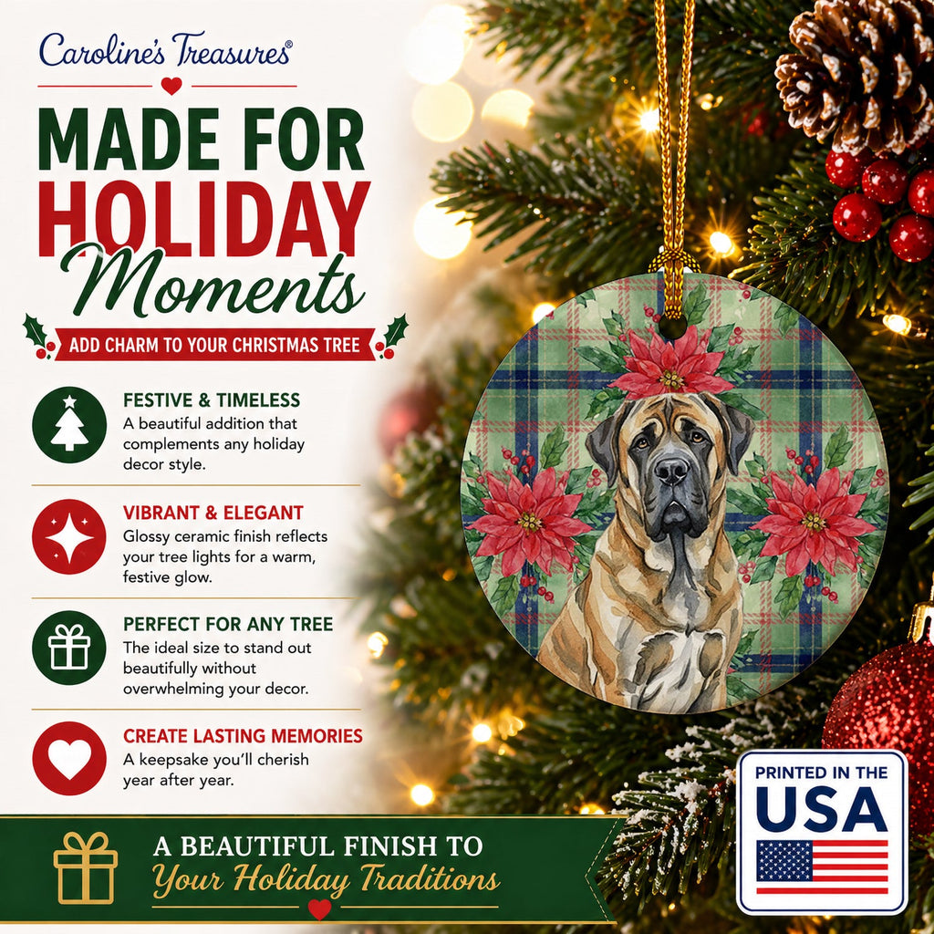 Brindle English Mastiff Christmas PoinsettIas Ceramic Ornament Christmas Tree Hanging Decorations for Home Christmas Holiday, Party, Gift, 3 in, Multicolor
