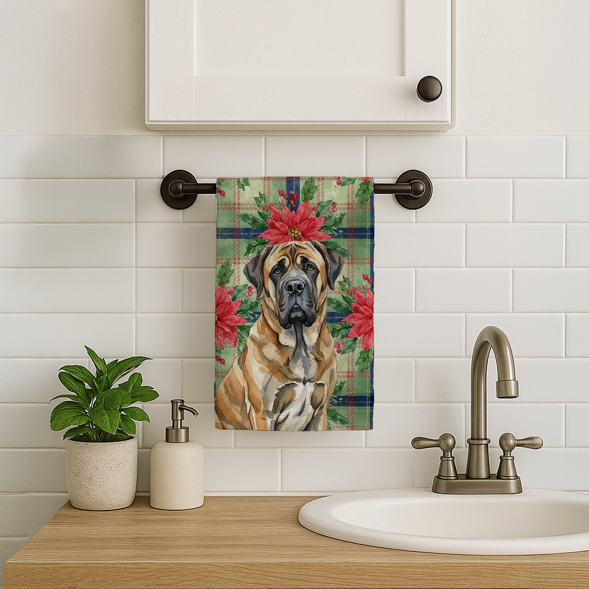 Brindle English Mastiff Christmas PoinsettIas Kitchen Towel Velour Plush Front and Cotton Loop Back Machine Washable