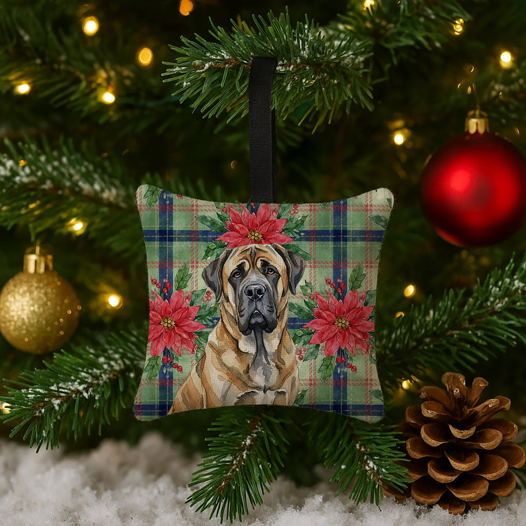 Brindle English Mastiff Christmas PoinsettIas Hanging Square Fabric Ornament 3.5 � 3.5 Decorative Door-Knob & Tree Hanger, Soft Fabric