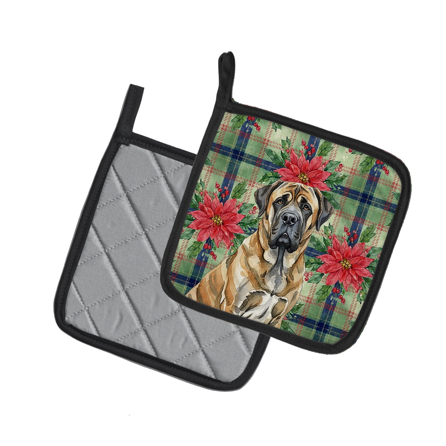 Brindle English Mastiff Christmas PoinsettIas Pot Holder Set of 2 Heat Resistant Quilted Hot Pads 7.5 x 7.5 Inch, Insulated Kitchen Trivets for Cooking & Baking