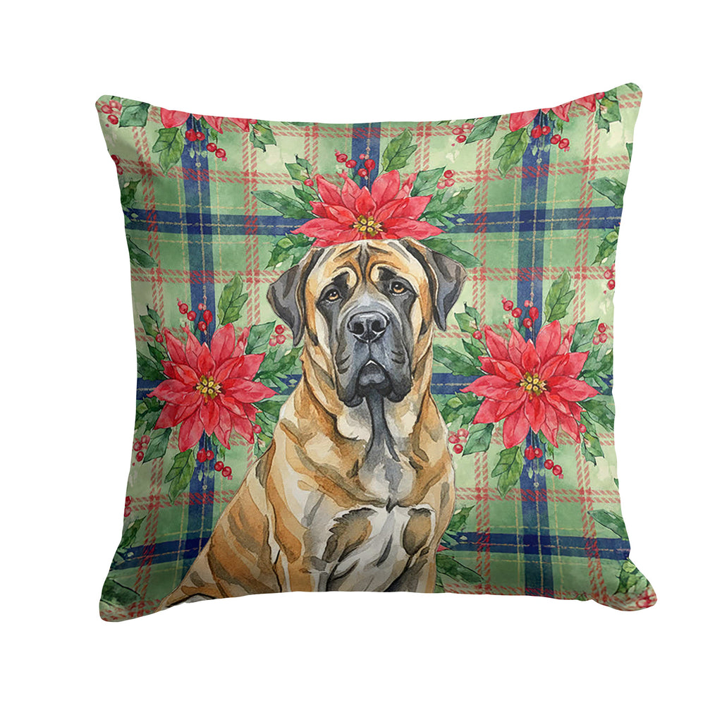 Brindle English Mastiff Christmas PoinsettIas Decorative Throw Pillow 14x14 Indoor Outdoor Accent Cushion, Fabric Cover with Insert for Sofa, Bed, Porch & Living Room