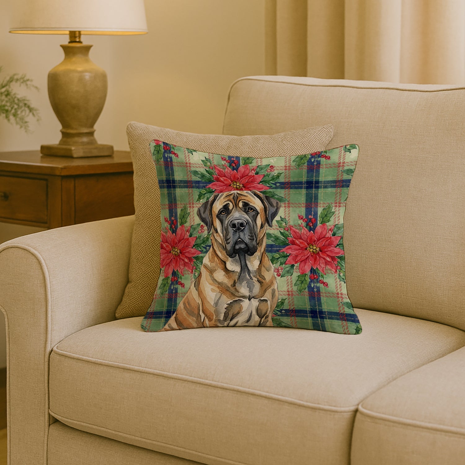 Brindle English Mastiff Christmas PoinsettIas Decorative Throw Pillow 18x18 Indoor Outdoor Accent Cushion, Fabric Cover with Insert for Sofa, Bed, Porch & Living Room