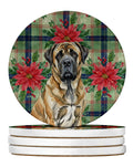 Brindle English Mastiff Christmas PoinsettIas Large Sandstone Coasters Pack of 4 Absorbent Round Coasters Decor Gifts for Men or Women, 4 in, Multicolor