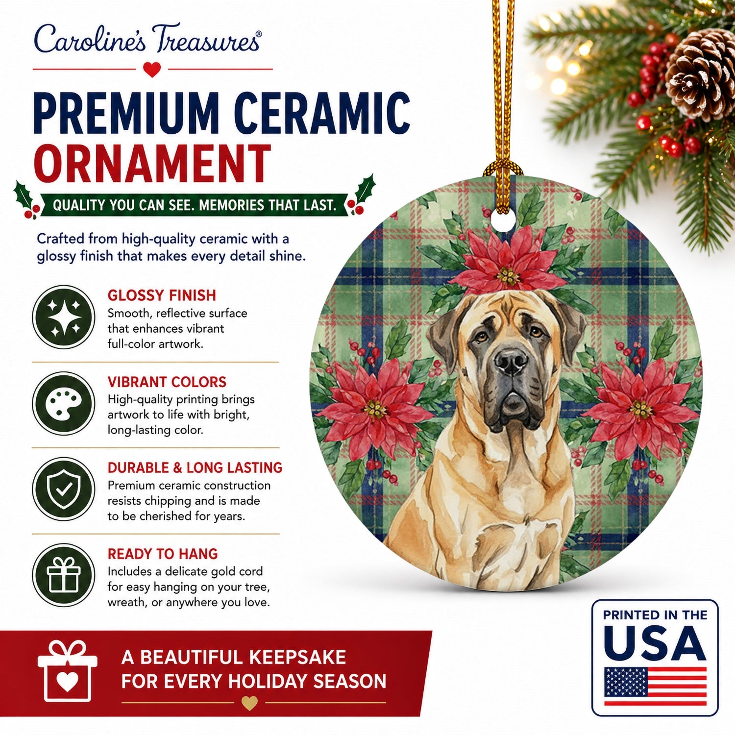 Fawn English Mastiff Christmas PoinsettIas Ceramic Ornament Christmas Tree Hanging Decorations for Home Christmas Holiday, Party, Gift, 3 in, Multicolor