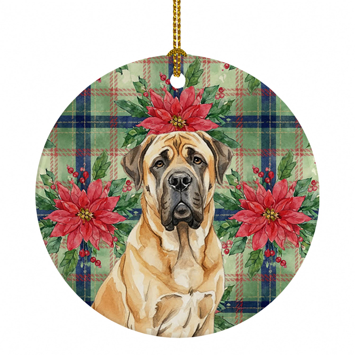 Fawn English Mastiff Christmas PoinsettIas Ceramic Ornament Christmas Tree Hanging Decorations for Home Christmas Holiday, Party, Gift, 3 in, Multicolor