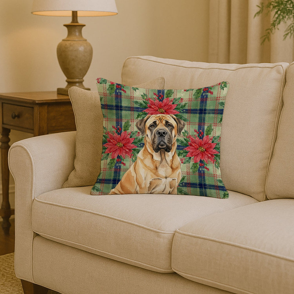 Fawn English Mastiff Christmas PoinsettIas Decorative Throw Pillow 14x14 Indoor Outdoor Accent Cushion, Fabric Cover with Insert for Sofa, Bed, Porch & Living Room