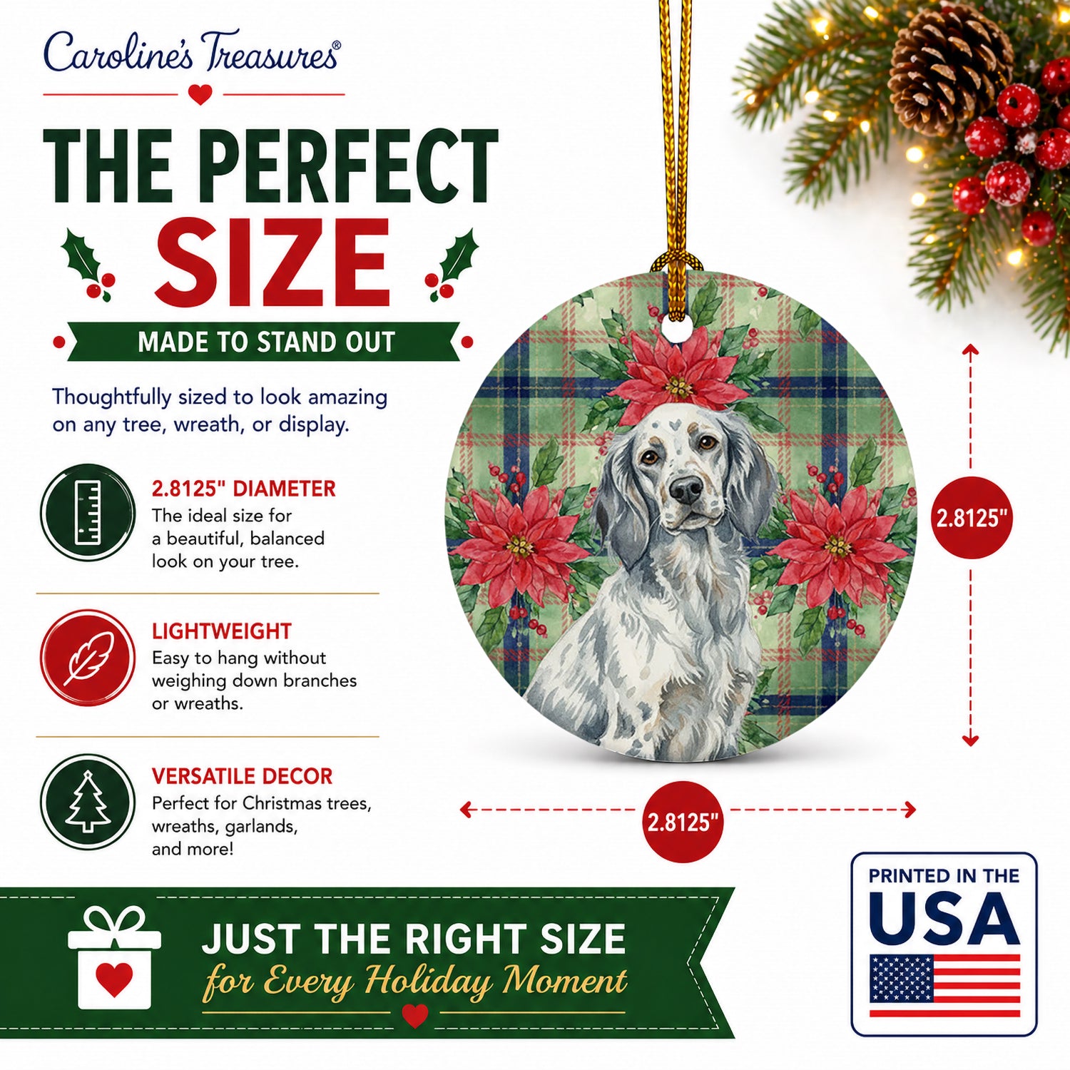 Blue Belton English Setter Christmas PoinsettIas Ceramic Ornament Christmas Tree Hanging Decorations for Home Christmas Holiday, Party, Gift, 3 in, Multicolor