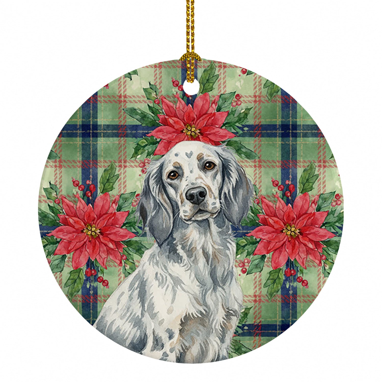 Blue Belton English Setter Christmas PoinsettIas Ceramic Ornament Christmas Tree Hanging Decorations for Home Christmas Holiday, Party, Gift, 3 in, Multicolor