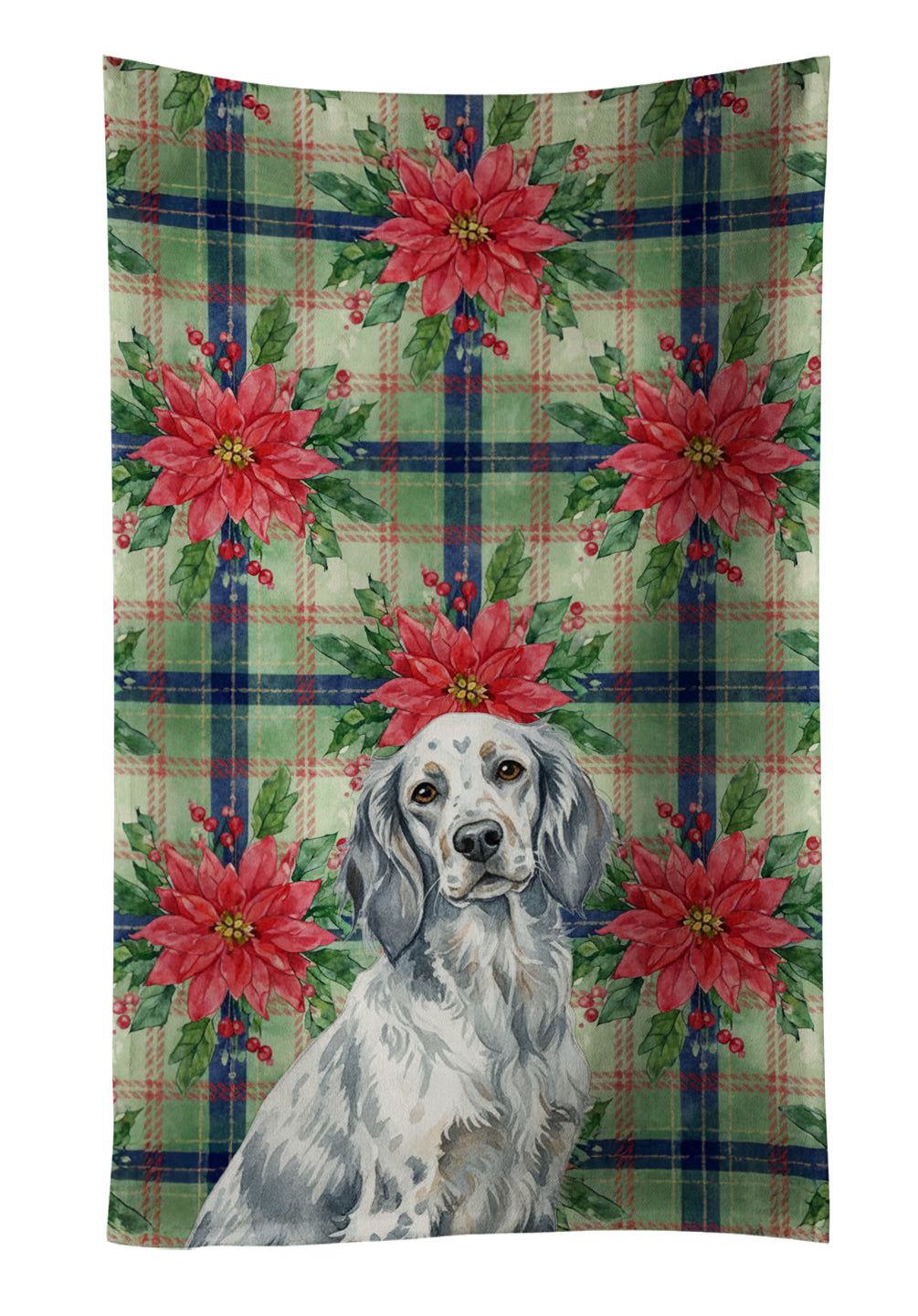 Blue Belton English Setter Christmas PoinsettIas Kitchen Towel Velour Plush Front and Cotton Loop Back Machine Washable
