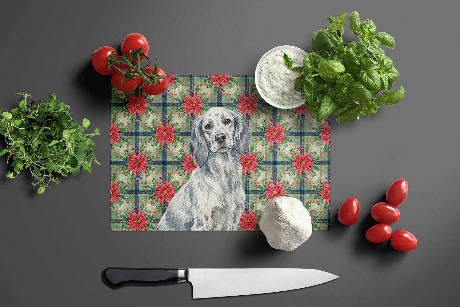 Blue Belton English Setter Christmas PoinsettIas Cutting Board Tempered Glass Kitchen Cutting Surface, Heat Resistant Chopping, Non-Slip Feet, Food Prep & Serving