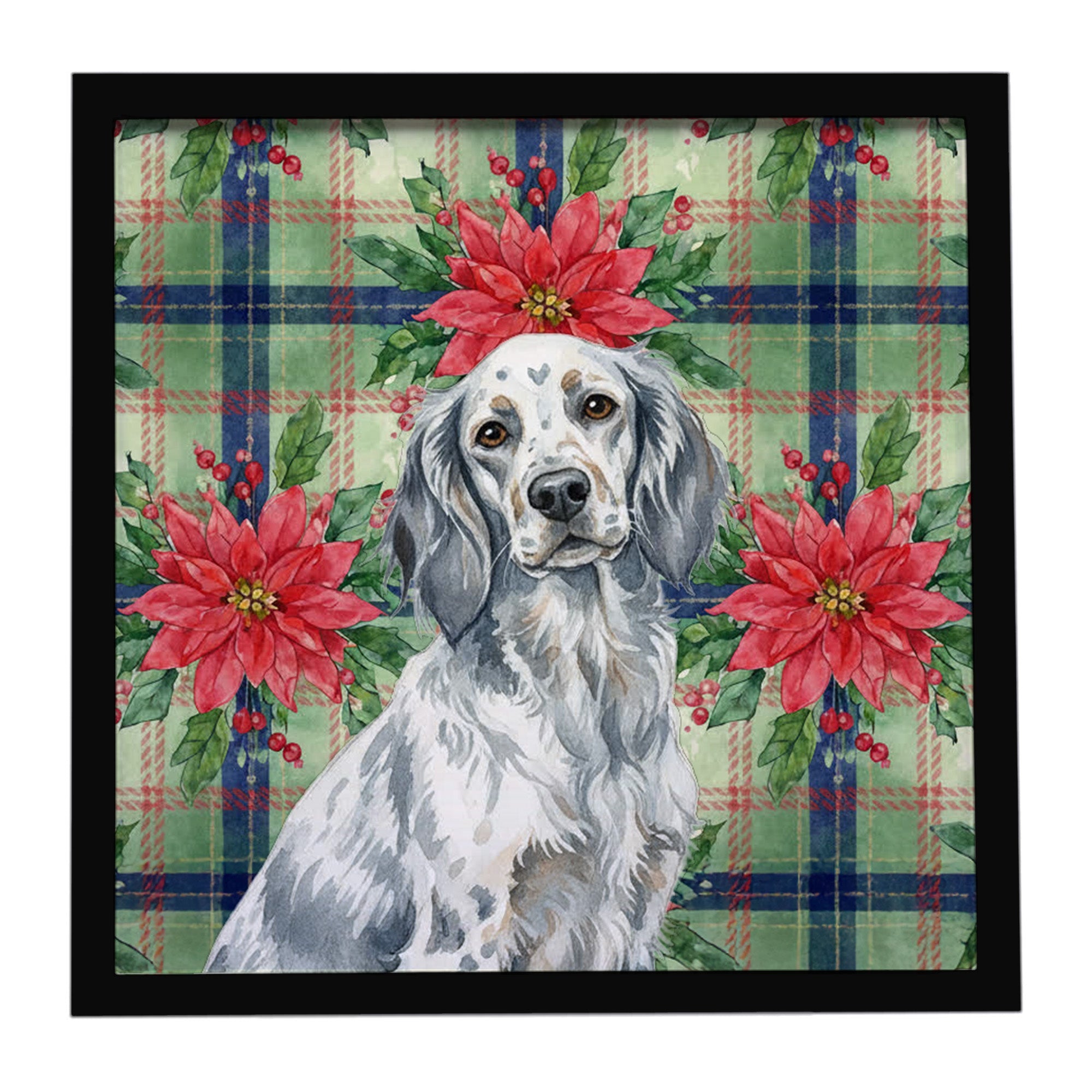 Blue Belton English Setter Christmas PoinsettIas Framed Metal Print Bathroom, Kitchen, Office, Home Decor Wall Art Ready to Hang, Square, 8X8