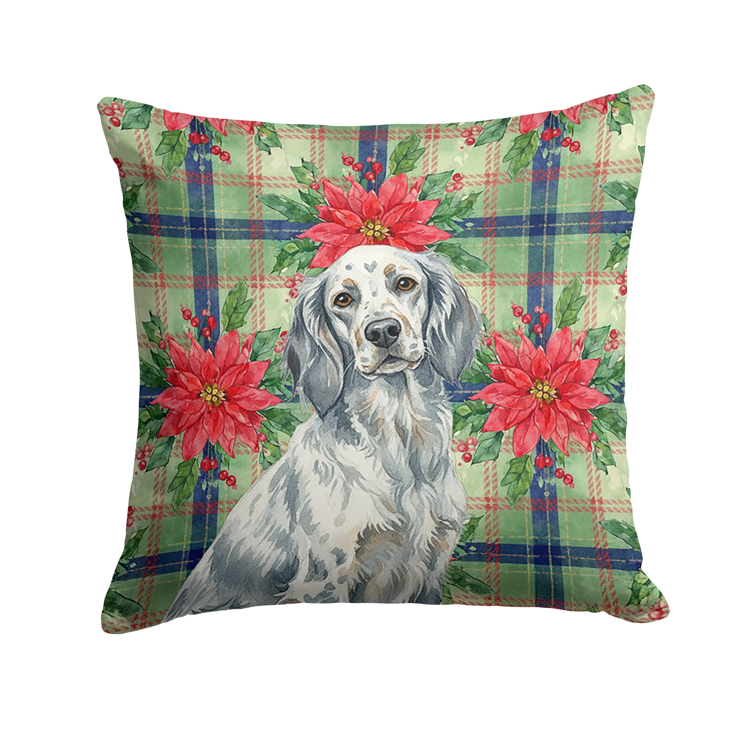 Blue Belton English Setter Christmas PoinsettIas Decorative Throw Pillow 14x14 Indoor Outdoor Accent Cushion, Fabric Cover with Insert for Sofa, Bed, Porch & Living Room