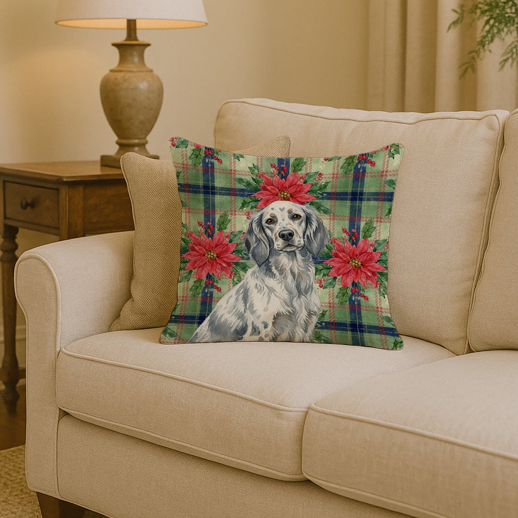 Blue Belton English Setter Christmas PoinsettIas Decorative Throw Pillow 14x14 Indoor Outdoor Accent Cushion, Fabric Cover with Insert for Sofa, Bed, Porch & Living Room