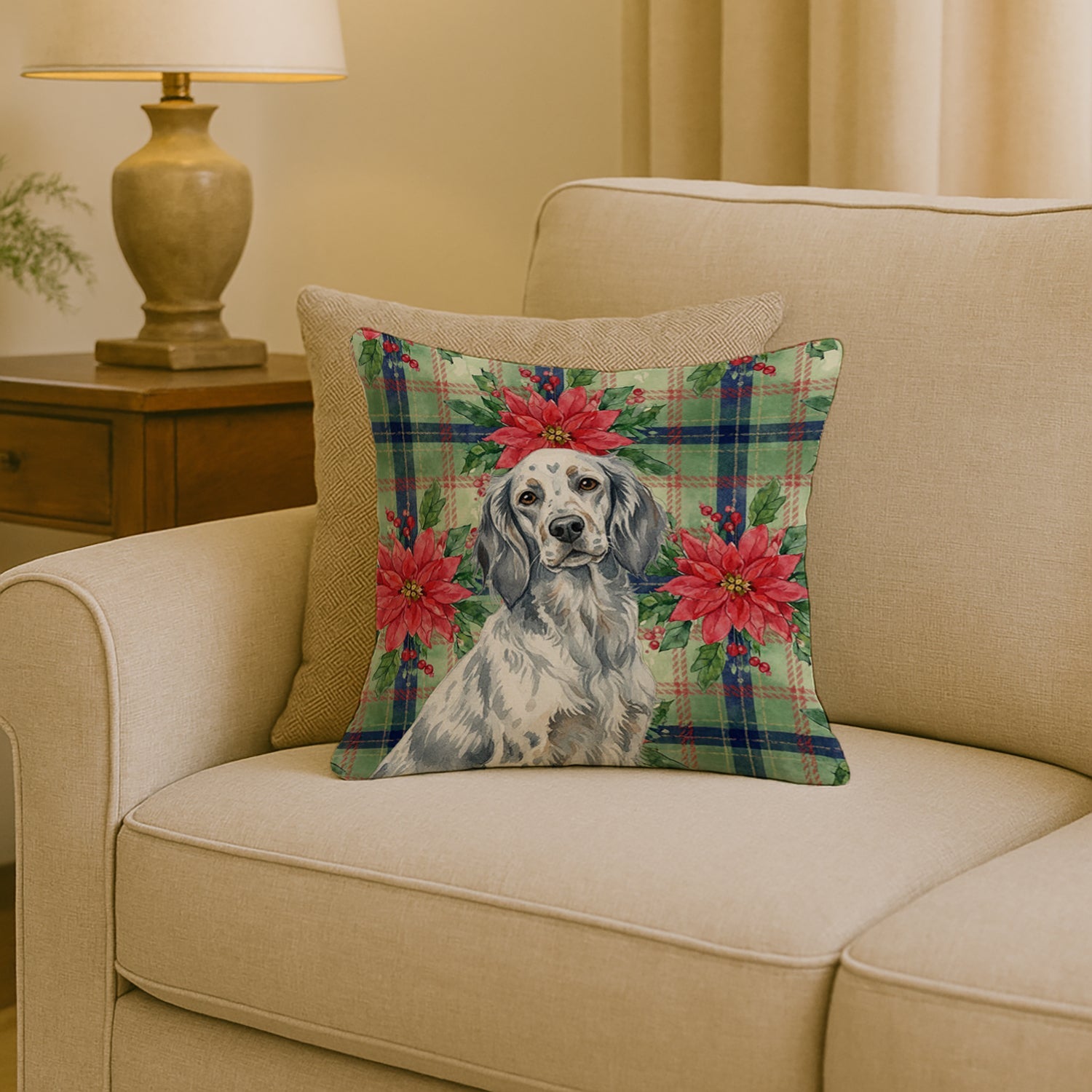Blue Belton English Setter Christmas PoinsettIas Decorative Throw Pillow 18x18 Indoor Outdoor Accent Cushion, Fabric Cover with Insert for Sofa, Bed, Porch & Living Room