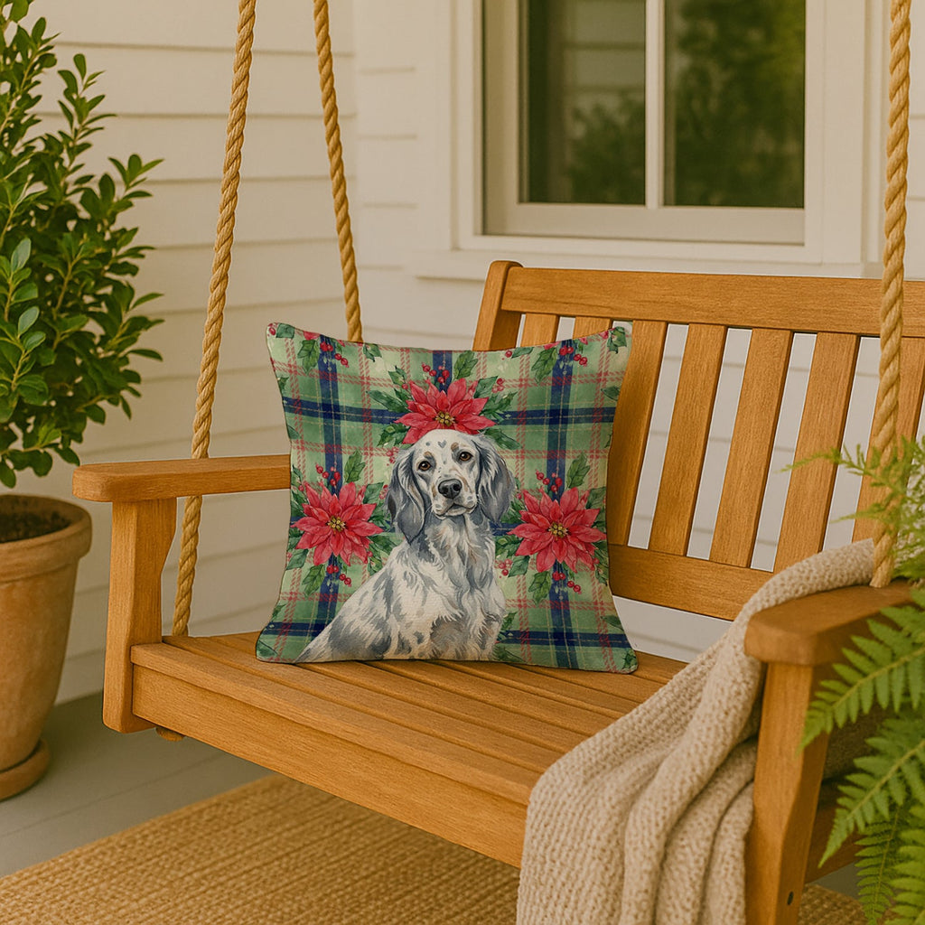 Blue Belton English Setter Christmas PoinsettIas Decorative Throw Pillow 18x18 Indoor Outdoor Accent Cushion, Fabric Cover with Insert for Sofa, Bed, Porch & Living Room