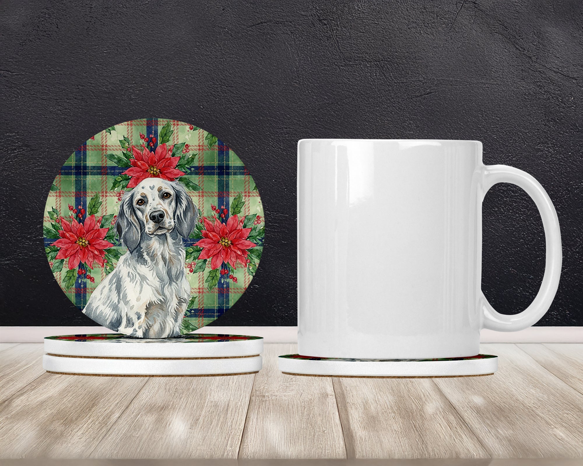 Blue Belton English Setter Christmas PoinsettIas Large Sandstone Coasters Pack of 4 Absorbent Round Coasters Decor Gifts for Men or Women, 4 in, Multicolor