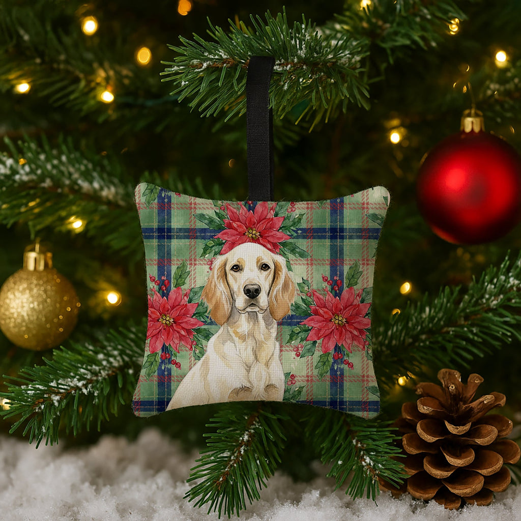 Lemon Belton English Setter Christmas PoinsettIas Hanging Square Fabric Ornament 3.5 � 3.5 Decorative Door-Knob & Tree Hanger, Soft Fabric