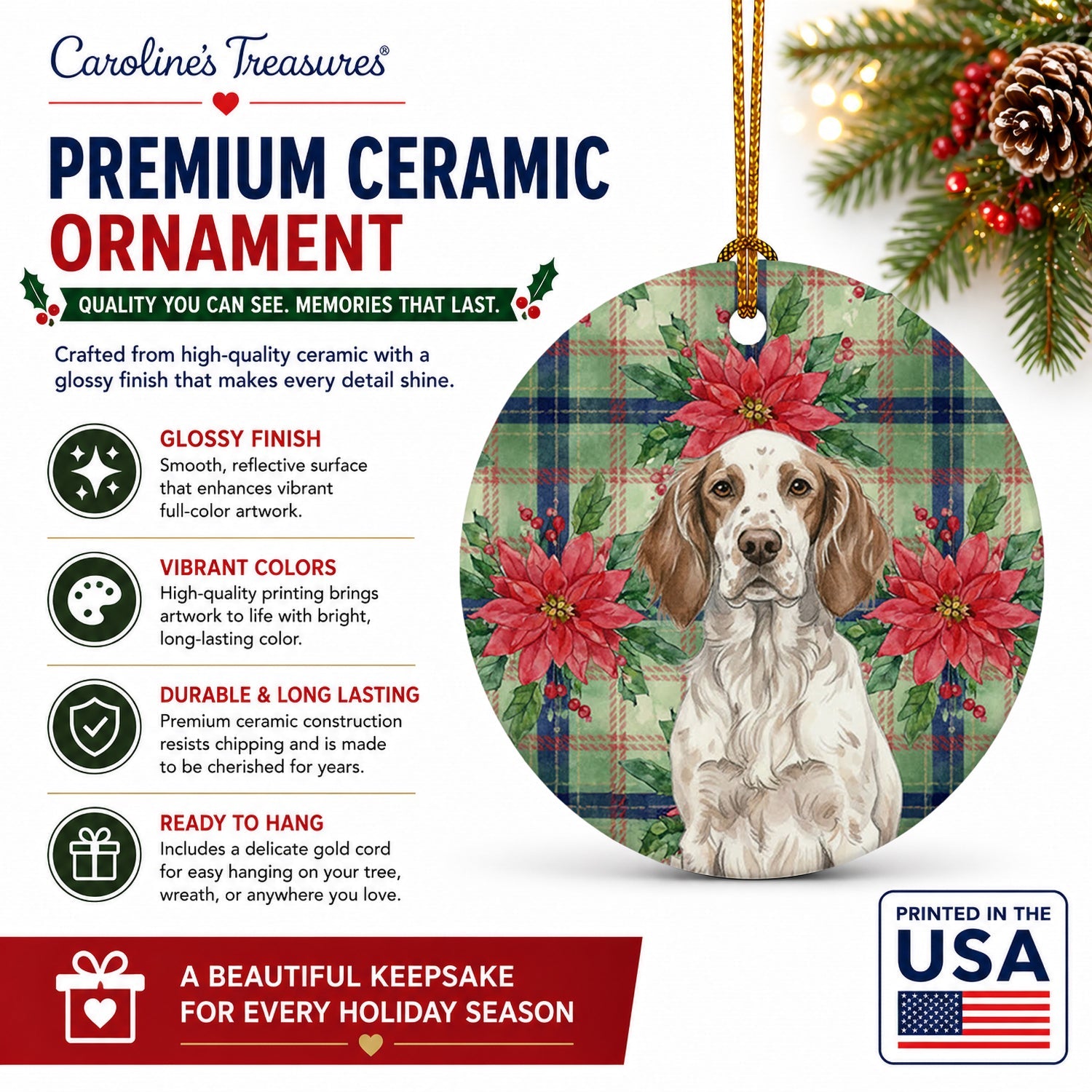 Liver Belton English Setter Christmas PoinsettIas Ceramic Ornament Christmas Tree Hanging Decorations for Home Christmas Holiday, Party, Gift, 3 in, Multicolor