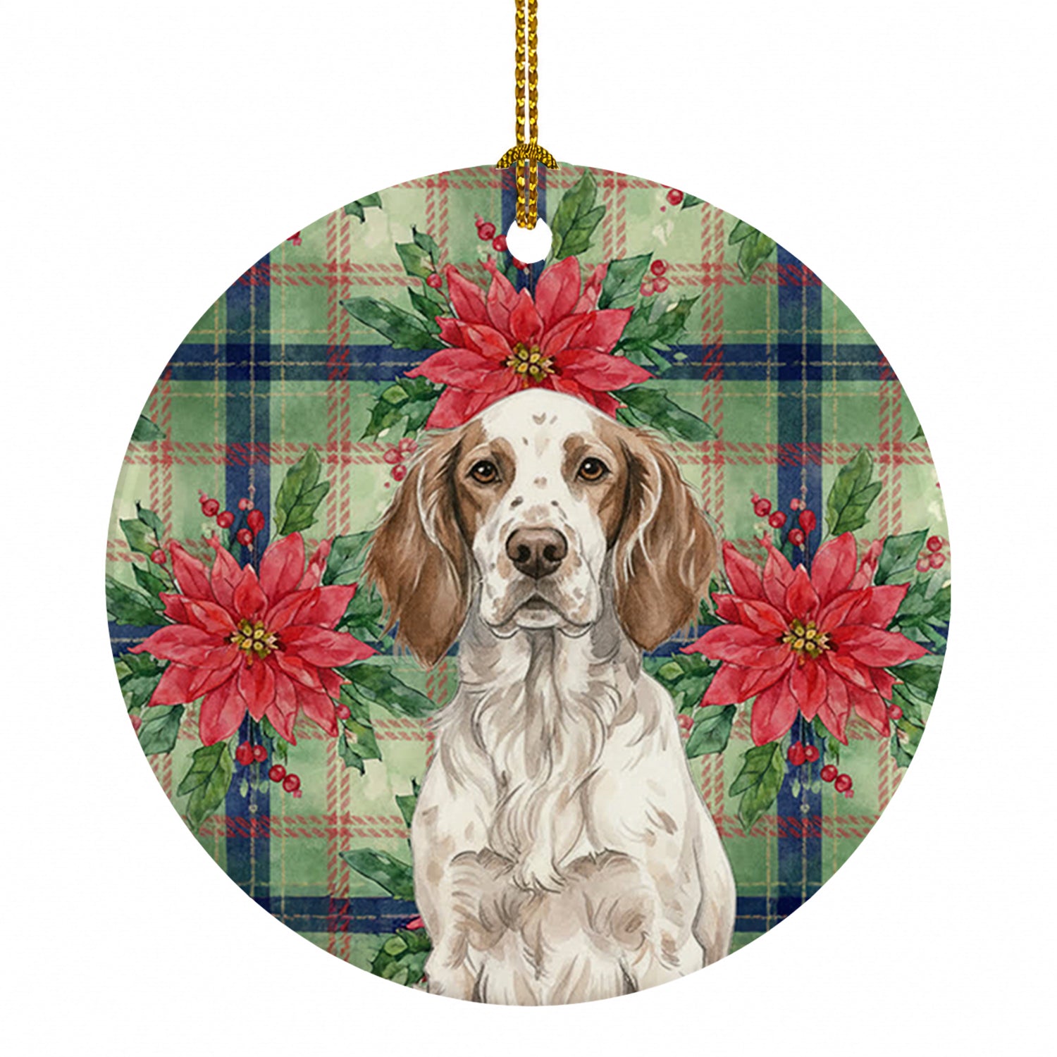 Liver Belton English Setter Christmas PoinsettIas Ceramic Ornament Christmas Tree Hanging Decorations for Home Christmas Holiday, Party, Gift, 3 in, Multicolor