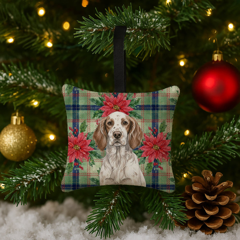 Liver Belton English Setter Christmas PoinsettIas Hanging Square Fabric Ornament 3.5 � 3.5 Decorative Door-Knob & Tree Hanger, Soft Fabric
